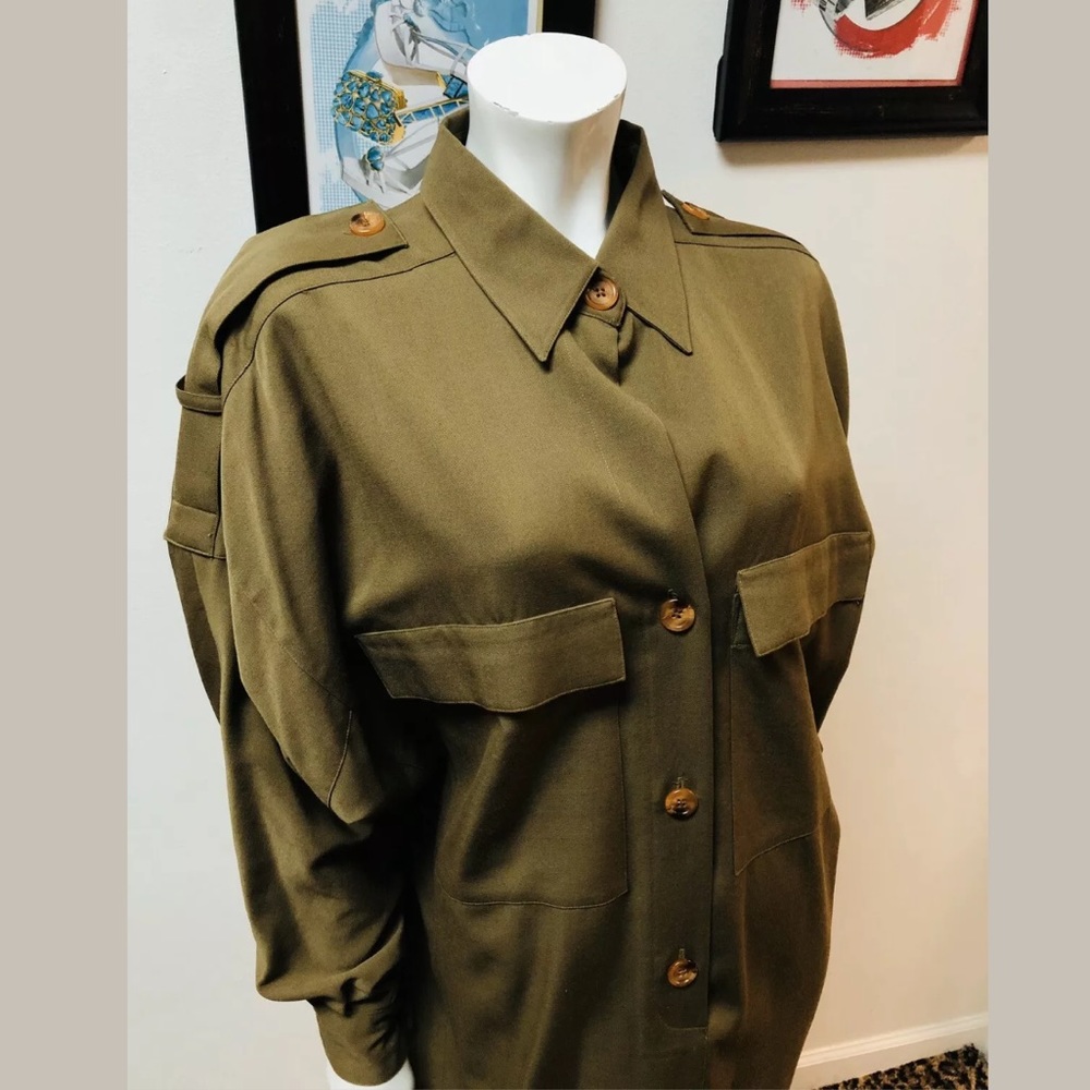 Vintage Ellen Tracy Olive Green L/S Shirt Dress 10 - Picture 2 of 9
